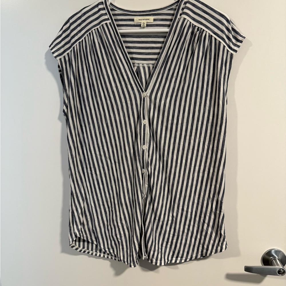 Max Studio Navy and White Striped Button-Down Shirt